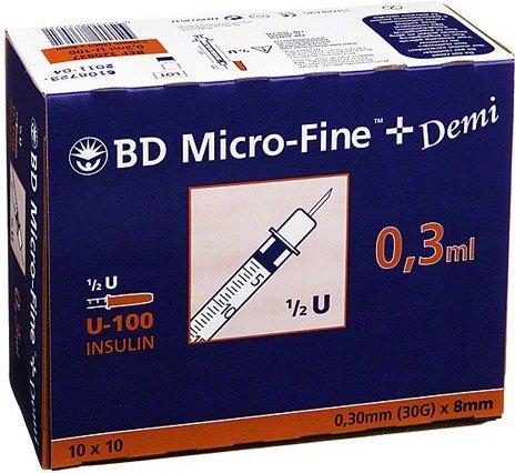 Becton Dickinson B-D Micro Fine + Demi U 100 Insulin Spritzen 0,3 x 8 mm (100 Stk.)