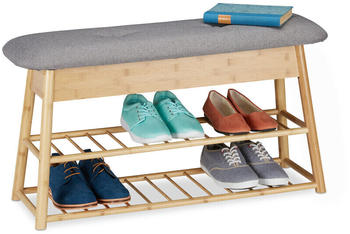 Relaxdays Schuhbank f. 8 Paare, 2 Ablagen, klappbares Sitzpolster, 2 Fächer Stauraum, Bambus, 48 x 90 x 28 cm natur