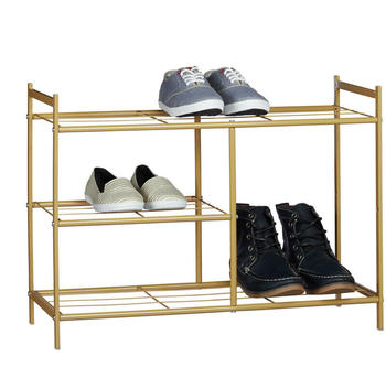 Relaxdays Schuhregal sandra, 3 Ebenen, Schuhablage Metall, Stiefelfach ca. 50,5x70x26cm für 8 Paar, honigbraun