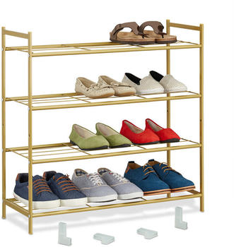 Relaxdays Schuhregal Metall, mit 4 Ebenen 70 x 70 x 26 cm für bis zu 12 Paar Schuhe, gold