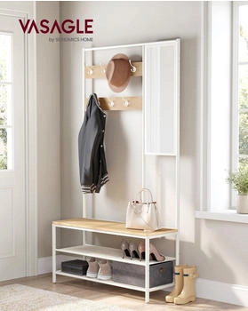 Vasagle Garderobenständer HSR415W09 weiß mit 14 Haken und Spiegel, 180x98 cm