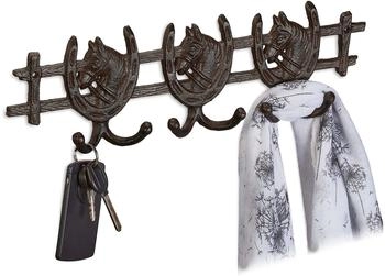 Relaxdays Garderobenleiste Pferd, Gusseisen, 6 Garderobenhaken, antikes Schlüsselbrett, braun (10044871)
