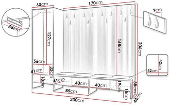 Mirjan24 Garderoben-Set Grau 4-Sitzer 230x206x44 cm