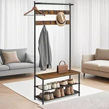 Vasagle Garderobenst&auml;nder mit Schuhbank, 9 abnehmbare Haken, Kleiderstange, 32,2x84x180cm, Industrie-Stil, Vintagebraun-Schwarz (HSR421B01)