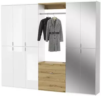 Inn.Furn SystemX Garderoben-Set mit Spiegel, Weiß Hochglanz, Eiche Artisan, 213x193cm