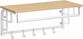 Vasagle Wandgarderobe mit Ablage, 5 abnehmbare Haken, H&auml;ngestange, Goldeiche und Wolkenwei&szlig; (LCR012N01)