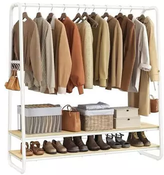 Vasagle Kleiderst&auml;nder 2 Ablagen, 6 S-Haken, Stahlgestell, 45x138x160cm, naturbeige-mattwei&szlig; (RGR119W09)