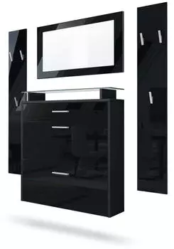 Vladon Malea Garderoben-Set mit H&auml;ngeschuhschrank, Wandspiegel, 2 Paneele, Schwarz matt/Hochglanz (50002288)