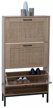MCW MCW-N92 Schuhschrank 3 F&auml;cher Rattanfront Eiche-Optik 126x63x24cm (94982)