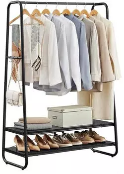 Vasagle Kleiderst&auml;nder 2 Ablagen, 6 S-Haken, Stahlgestell, 45x100x160cm, Ebenholzschwarz-Mattschwarz (RGR112B03)