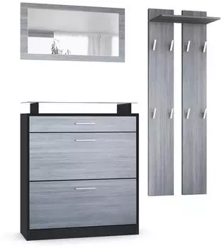 Vladon Loret Mini Garderobenset mit Schuhschrank, Wandspiegel und 2 Paneelen, Schwarz matt/Avola-Anthrazit (50002201)
