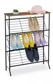 Relaxdays Industrial Schuhregal f&uuml;r 9 Paar, 70x23,5x89,5cm, Dunkelbraun/Schwarz