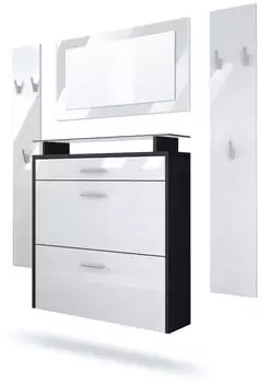 Vladon Malea Garderoben-Set Schuhschrank, Wandspiegel, 2 Paneele Schwarz matt/Wei&szlig; Hochglanz (50002287)