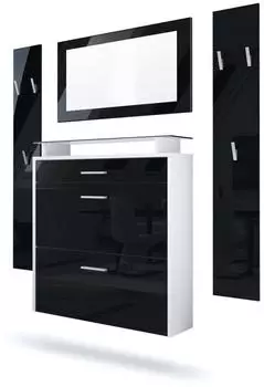 Vladon Malea Garderoben-Set mit Schuhschrank, Spiegel & Paneele, Wei&szlig; matt/Schwarz Hochglanz