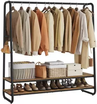 Vasagle Kleiderst&auml;nder 2 Ablagen, 6 S-Haken, Stahlgestell, vintagebraun-schwarz (RGR119B01)