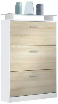 Vladon Lavia Schuhschrank 3 Klappen Glasablage Wei&szlig; matt/Eiche s&auml;gerau (89x128x23cm)