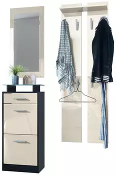 Vladon Loret V2 Mini Garderoben-Set mit Schuhschrank, Spiegel, Paneele, Schwarz matt/Creme Hochglanz