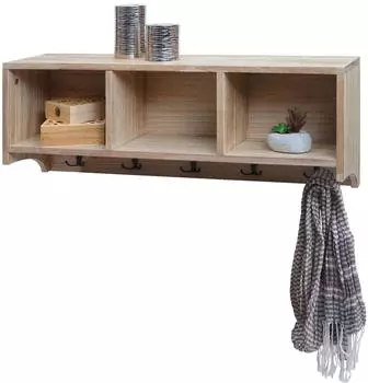 Mendler HWC-K49 Wandregal Garderobe 3 Stauf&auml;cher 5 Haken 30x80x20cm Holz naturbraun (HWC-K49)