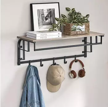 Vasagle Wandgarderobe mit Aufbewahrungsregal, 5 abnehmbare Haken, Gr&egrave;ge & Schwarz (LCR102B02)