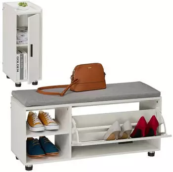 Relaxdays Schuhbank mit Sitzfl&auml;che & Schrank Set, Wei&szlig;-Grau