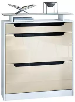 Vladon Fiesta Schuhschrank 2 Klappen, Schublade, Glasablage, Wei&szlig;/Creme/Schwarz Hochglanz (50001794)