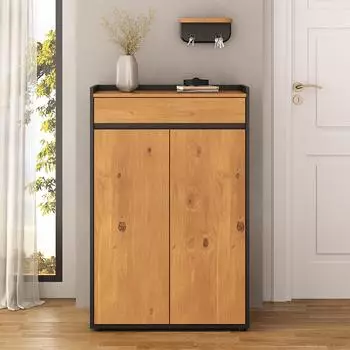 Idimex TILO Schuhschrank mit Schublade, Kiefer Massivholz, Schwarz/Eiche, 4 Einlegeb&ouml;den (TILO)