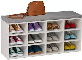 Relaxdays Schuhbank gepolstert 12 F&auml;cher 104x49,5x31cm wei&szlig;/grau (10051174_489)