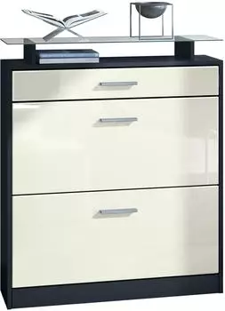 Vladon Loret Schuhschrank h&auml;ngend 2 Klappen 1 Schublade Schwarz matt/Creme Hochglanz (89x104x23cm)
