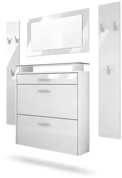 Vladon Malea Garderoben-Set mit Schuhschrank, Spiegel & Paneele, Wei&szlig; matt/Hochglanz (800000587158)