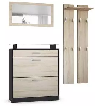 Vladon Loret Mini Garderoben-Set mit Schuhschrank, Spiegel und Paneelen, schwarz matt/Eiche S&auml;gerau (50002209)