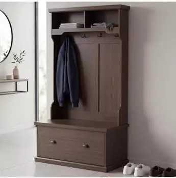 MCW Garderobe P27 mit Sitzbank, 4 Haken, Staufach, Melamin, 163x100x47cm, Walnuss-Optik (101405)