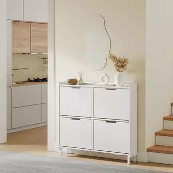 SoBuy FSR100-E-W Schuhschrank schmal, 4 Klappen, Sensorlicht, Wei&szlig; (FSR100-E-W)