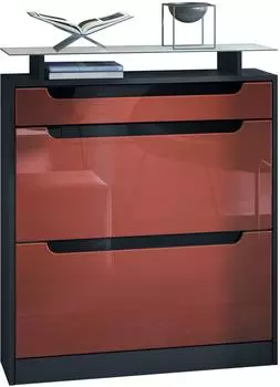 Vladon Fiesta Schuhschrank 2 Klappen, Schublade, Glasablage, 89x104x23cm, Schwarz matt/Bordeaux Hochglanz