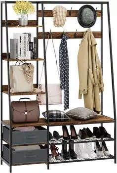 Costway Garderobenständer mit Sitzbank, 6 Ebenen, 9 Haken, Schuhregal (HU10246CF)