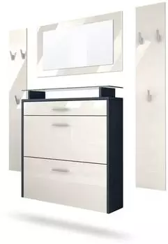 Vladon Malea Garderoben-Set mit Schuhschrank, Spiegel, anthrazit/creme hochglanz (800000591045)