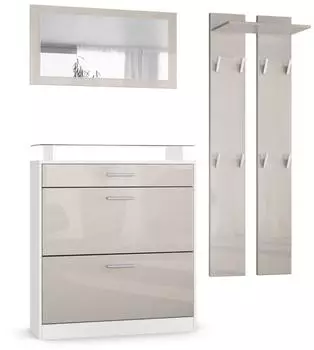 Vladon Loret Mini Garderoben-Set mit Schuhschrank, Spiegel und Paneelen, wei&szlig; matt/sandgrau hochglanz (800000584832)