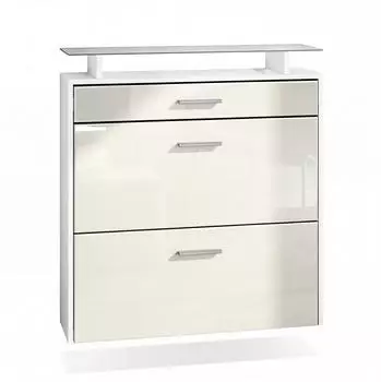 Vladon Malea H&auml;ngender Schuhschrank 2 Klappen, 1 Schublade, Glasablage, Creme Hochglanz (89x96x23cm)