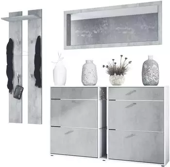 Vladon Orlando Garderoben-Set mit Schuhschrank, Wandpaneel & Wandspiegel, wei&szlig; matt/Beton Oxid Optik (800000581579)