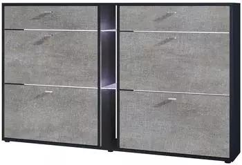 Vladon Today Schuhschrank 4 Klappen, 2 Schubladen, LED, 155,5x95x28cm, schwarz matt/braun meliert