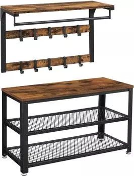 Vasagle Garderoben-Set Wandgarderobe & Schuhbank, 3 Ebenen, Industrie-Design, vintagebraun-schwarz (LCR173B01)
