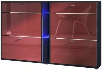 Vladon Today Schuhschrank 4 Klappen, 2 Schubladen, LED-Beleuchtung, Bordeaux Hochglanz (155,5x95x28cm)
