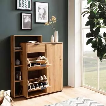 Finebuy Schuhschrank mit Schublade & Regal, Eiche-Dekor, 98x110x30cm (FB104835)