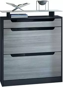 Vladon Fiesta Schuhschrank 2 Klappen, Schublade, Glasablage, Schwarz matt/Avola-Anthrazit/Schwarz Hochglanz (89x104x23cm)