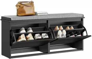 SoBuy Schuhbank mit Sitzkissen und 2 T&uuml;ren, Dunkelgrau, 100x26x46cm (FSR98-XL-SCH)