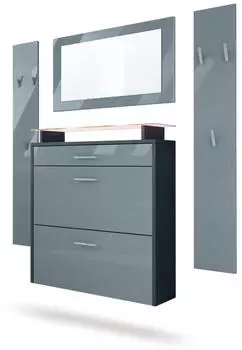 Vladon Malea Garderoben-Set mit Schuhschrank, Spiegel & LED, anthrazit/grau hochglanz (180x180x23cm)