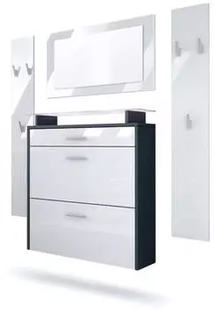Vladon Malea Garderoben-Set anthrazit/wei&szlig; hochglanz mit LED, Spiegel & Schuhschrank (800000584768)