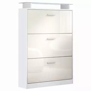 Vladon Lavia Schuhschrank 3 Klappen, Glasablage, wei&szlig; matt/creme hochglanz (89x128x23cm)