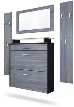 Vladon Malea Garderoben-Set mit Schuhschrank, Spiegel und Paneelen, schwarz matt/Avola-Anthrazit (800000596407)