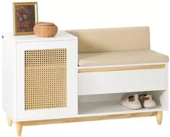 SoBuy Schuhbank mit Stauraum Gitteroptik Wei&szlig;-Natur 100x35x60cm (FSR128-W)