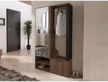 Mirjan24 Milo Garderoben-Set mit Spiegel und Kleiderstange, Loft-Stil, Nuss Warmia/schwarz (100x190x33cm)
